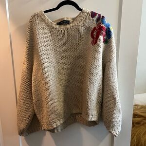 Zara Cream and Red Cozy Crew Neck Sweater